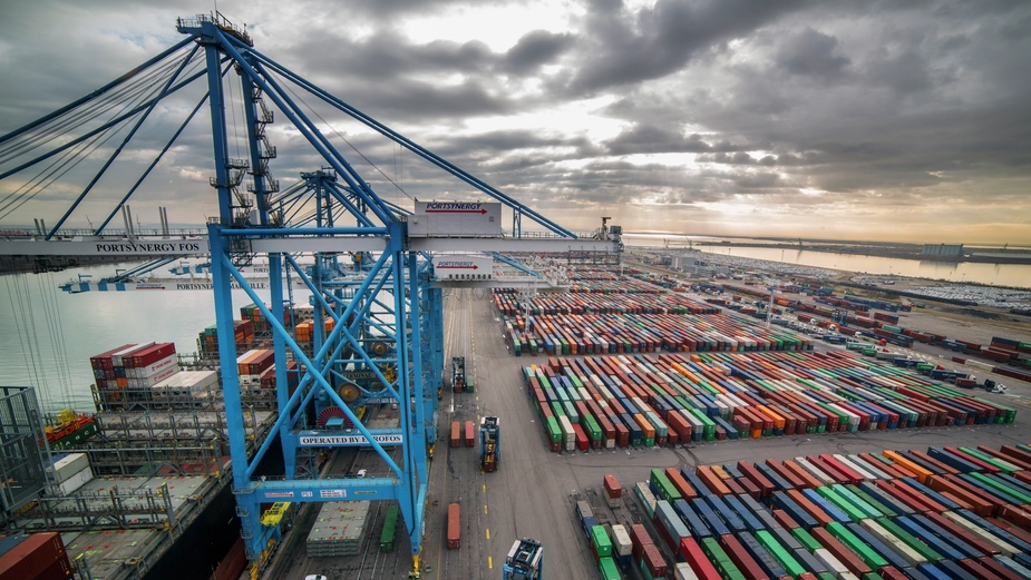 Evening view of gantry cranes and container yard at Port of Fos