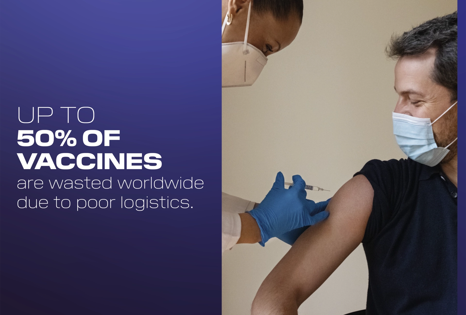 Healthcare worker administering vaccine to a masked man beside text: “Up to 50% of vaccines are wasted worldwide due to poor logistics.”