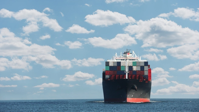 Container ship at sea loaded with shipping containers