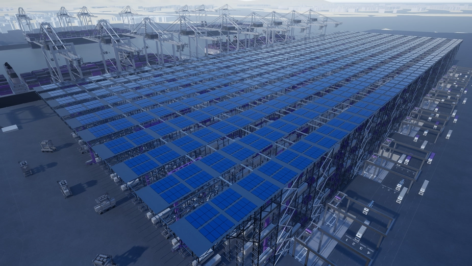 Aerial view of energy efficient solar panels at Boxbay