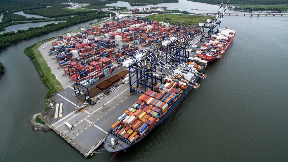  aerial view of feeder ships and containers  