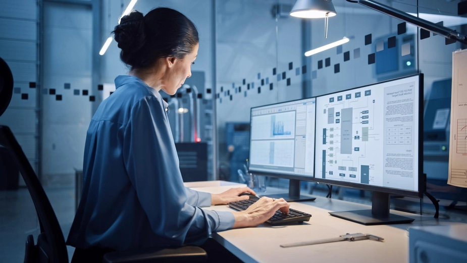 DP World female employee working in office on logistics operations.